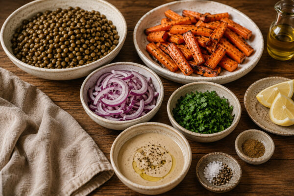 Zutaten- und Vorbereitungsansicht mit gekochten grünen oder braunen Linsen, gerösteten Karottenstiften, roten Zwiebelringen, gehackter Petersilie, Tahini-Dressing, Zitronenspalten, Olivenöl, Kreuzkümmel, Salz und Pfeffer in neutralen Schalen auf rustikal…