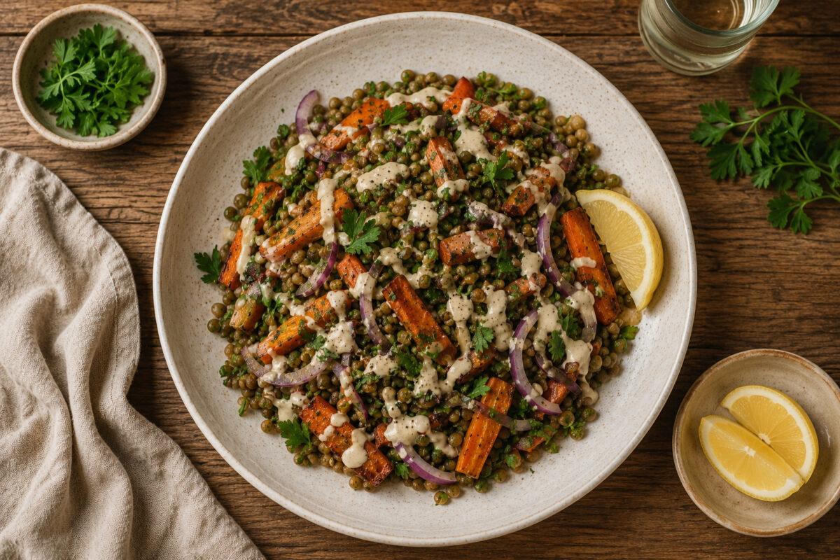 Draufsicht auf den fertigen warmen Linsensalat in derselben großen hellen Keramikschale; Linsen, geröstete Karotten, rote Zwiebelringe, Petersilie und Tahini-Dressing bleiben vollständig sichtbar.