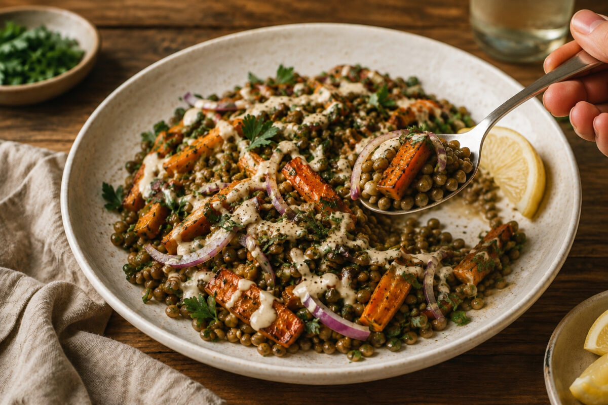 Serviersituation mit einer Löffelportion aus derselben großen hellen Keramikschale; der Löffel zeigt Linsen, geröstete Karotten, rote Zwiebelringe, Petersilie und Tahini-Dressing, daneben eine Zitronenspalte.