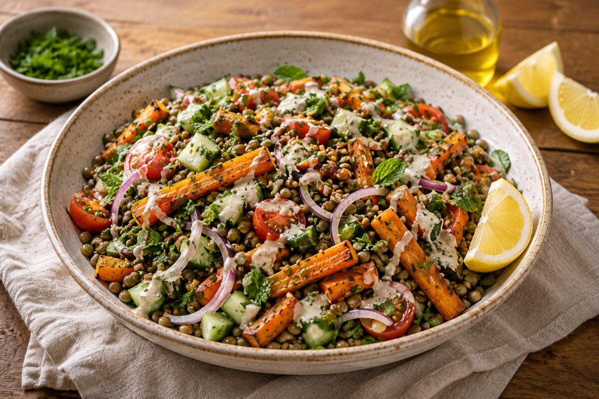 Hauptbild des fertig angerichteten warmen Linsensalats in der großen hellbeigen gesprenkelten Keramikschale mit gerösteten Karotten, Gurke, Kirschtomaten, roten Zwiebelringen, Kräutern und Zitronen-Tahini-Dressing.