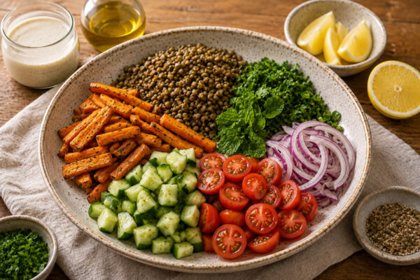 Zutaten- und Vorbereitungsansicht mit gekochten Linsen, gerösteten Karottenstiften, Gurkenwürfeln, halbierten Kirschtomaten, roten Zwiebelringen, Petersilie, Minze, Zitronenstücken, Tahini-Dressing und Saaten in dezenten Schalen auf warmem Holztisch.