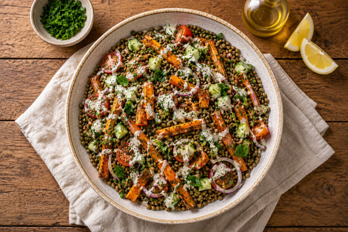 Fertiger Linsensalat in derselben hellen Keramikschale in Draufsicht, mit vollständiger Schale, gerösteten Karotten, Gurke, Tomaten, roten Zwiebeln, Kräutern und hellen Dressing-Sprenkeln auf rustikalem Holztisch.