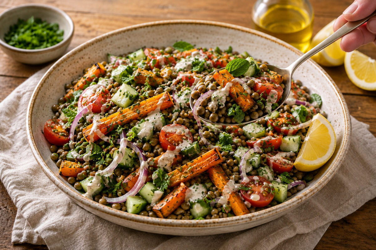 Serviersituation mit einer Löffelportion aus derselben Schale; Linsen, geröstete Karotten, Gurke, Kirschtomaten, rote Zwiebeln, Kräuter und cremiges Zitronen-Tahini-Dressing bleiben klar erkennbar.