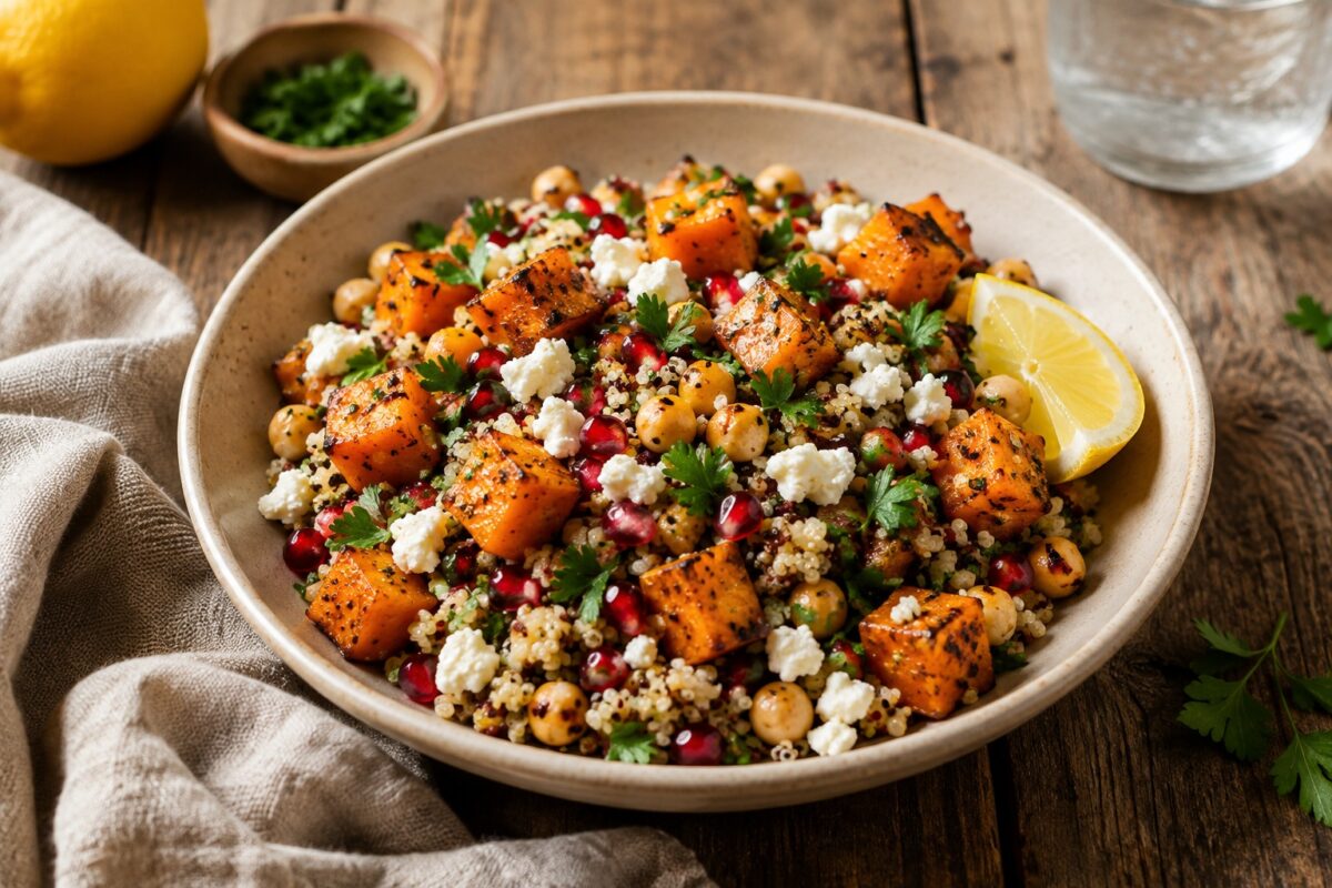 Große flache helle Keramikschale mit Quinoa, gerösteten Kürbiswürfeln, Kichererbsen, Feta, Granatapfelkernen, roten Zwiebeln und Zitronenspalte.