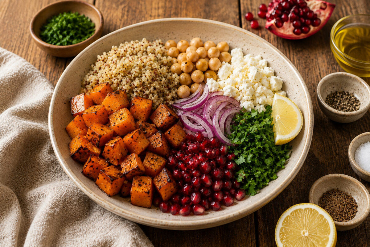Zutaten- und Vorbereitungsansicht mit den wichtigsten Zutaten desselben Rezepts in derselben großen flachen hellen Keramikschale: gekochte Quinoa, geröstete Kürbiswürfel, Kichererbsen, zerbröselter Feta, Granatapfelkerne, rote Zwiebel in feinen Halbringe…