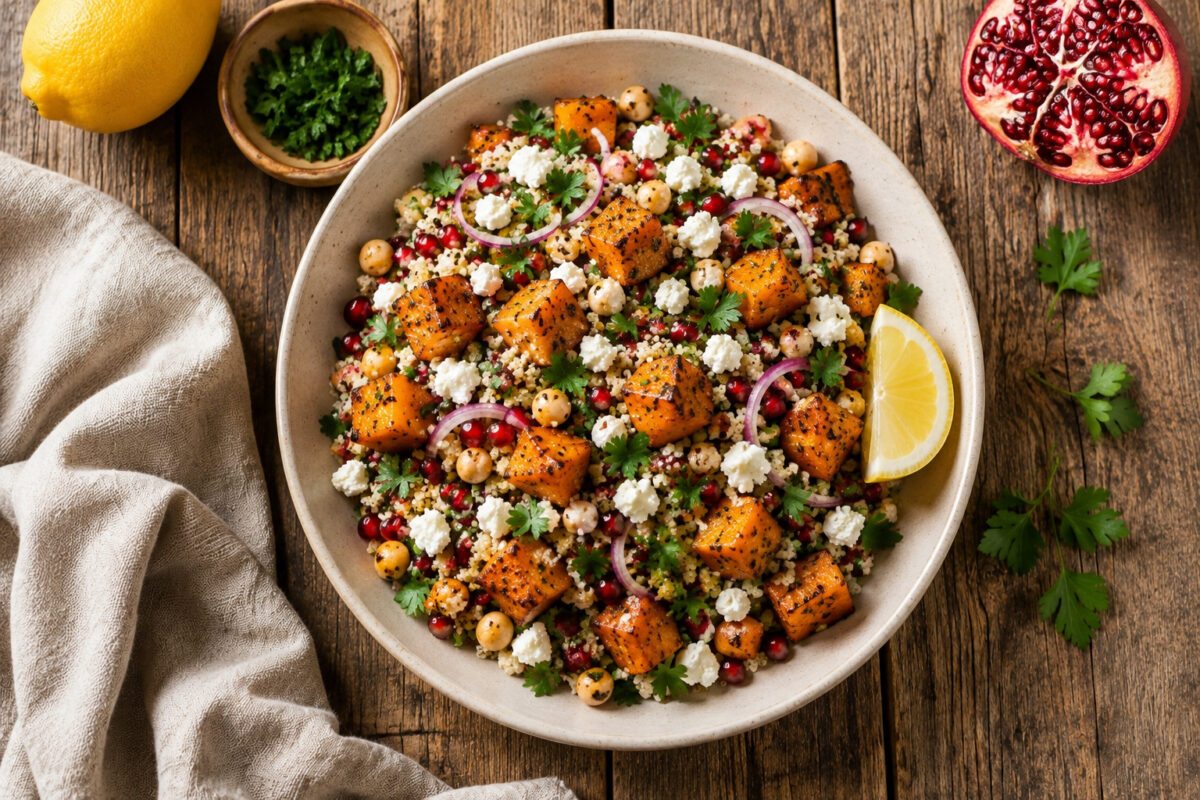Draufsicht auf das fertige Gericht in derselben großen flachen hellen Keramikschale; das Hauptgeschirr bleibt vollständig sichtbar, mit Quinoa, gerösteten Kürbiswürfeln, Kichererbsen, Feta, Granatapfelkernen, roten Zwiebeln, Petersilie und Zitronenspalte.