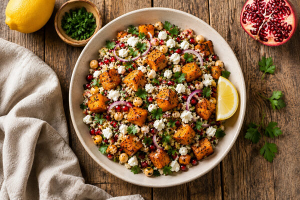 Draufsicht auf das fertige Gericht in derselben großen flachen hellen Keramikschale; das Hauptgeschirr bleibt vollständig sichtbar, mit Quinoa, gerösteten Kürbiswürfeln, Kichererbsen, Feta, Granatapfelkernen, roten Zwiebeln, Petersilie und Zitronenspalte.