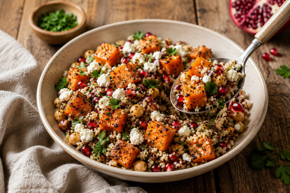Serviersituation mit einer entnommenen Portion aus derselben großen flachen hellen Keramikschale; ein neutraler Servierlöffel hebt Quinoa, geröstete Kürbiswürfel, Kichererbsen, Feta, Granatapfelkerne und rote Zwiebeln an.