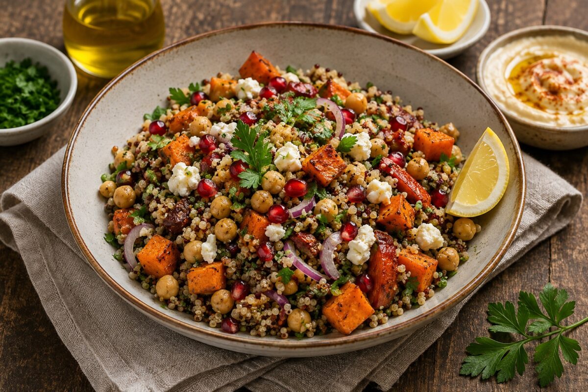 Eine große Schale mit nussiger Quinoa, gerösteten orangefarbenen Süßkartoffelwürfeln, hellen Kichererbsen, grob zerbröseltem weißem Feta, roten Granatapfelkernen, feinen roten Zwiebelringen und frischer Petersilie. Eine Zitronenspalte liegt am rechten Sc…
