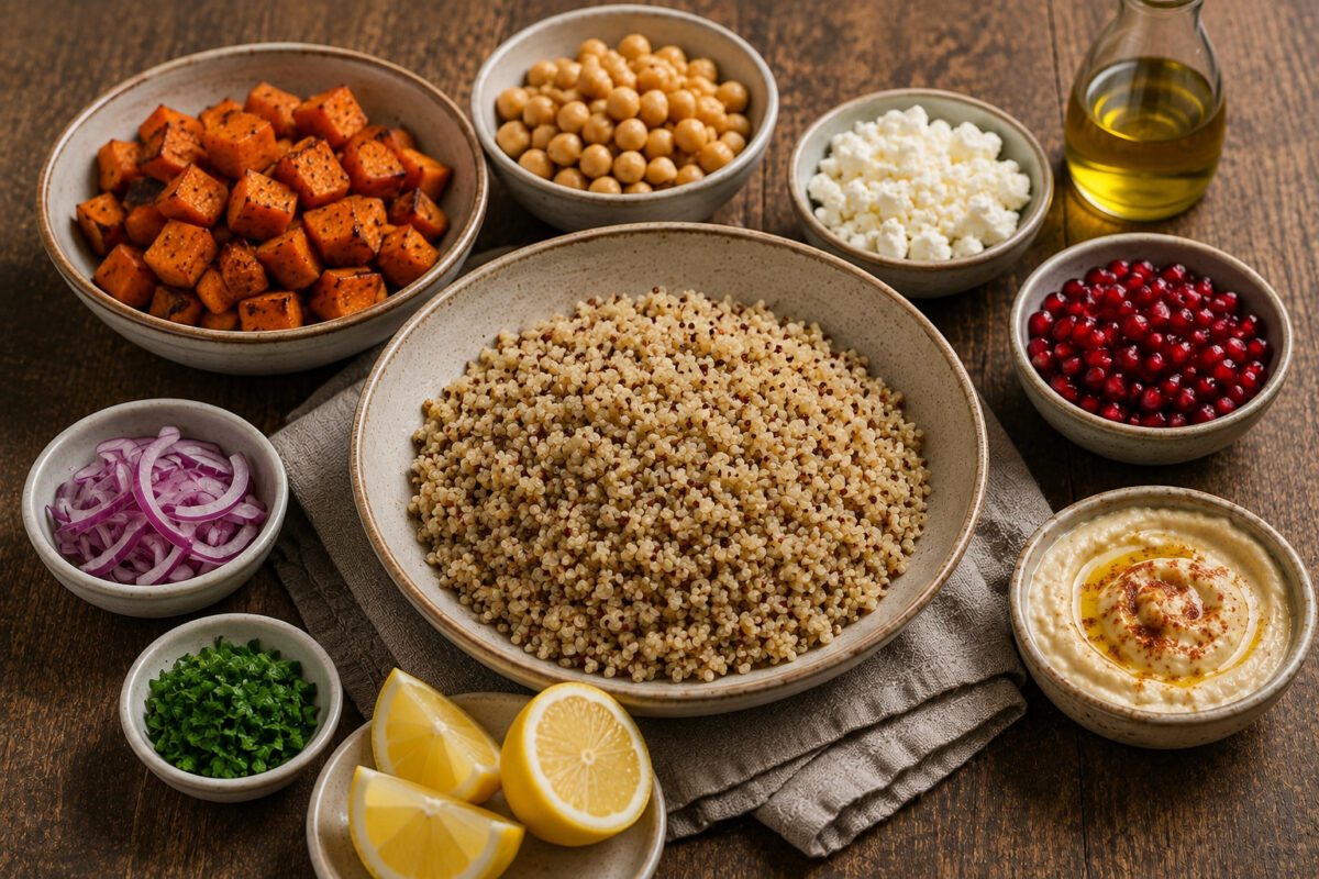 Zutaten- und Vorbereitungsansicht mit Quinoa, gerösteten Süßkartoffelwürfeln, Kichererbsen, Feta, Granatapfelkernen, roten Zwiebeln, Petersilie, Zitrone, Olivenöl und Hummus auf demselben rustikalen dunklen Holztisch.