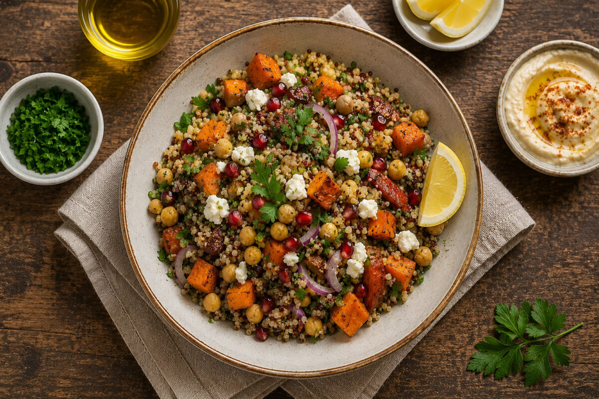 Fertig angerichteter warmer Quinoa-Süßkartoffel-Salat in vollständiger Draufsicht mit Kichererbsen, Feta, Granatapfel, roten Zwiebeln, Petersilie und Zitronenspalte in derselben Keramikschale.