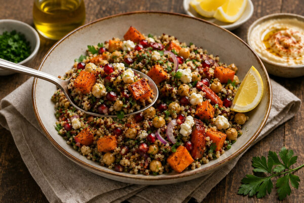 Fertiger warmer Quinoa-Süßkartoffel-Salat in derselben Keramikschale; eine Portion mit Quinoa, gerösteter Süßkartoffel, Kichererbsen, Feta und Granatapfel wird mit neutralem Servierlöffel entnommen.