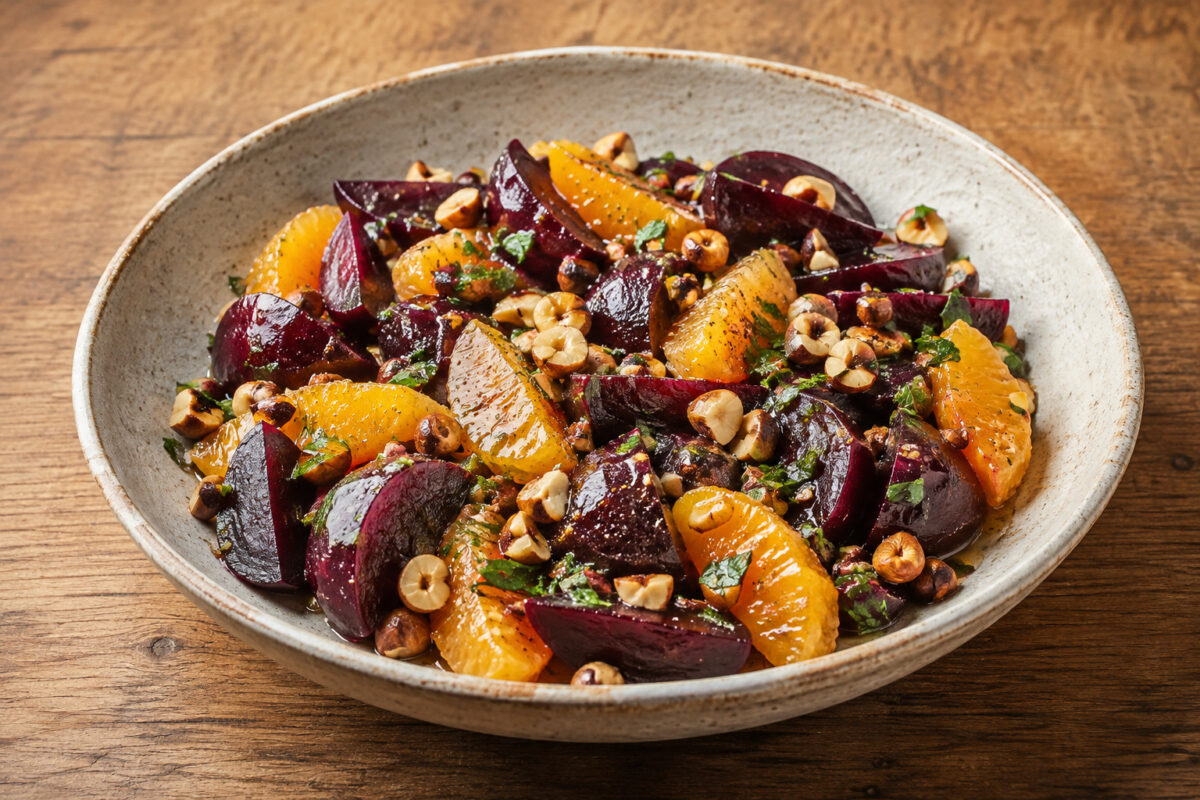 Fertiges Gericht in leicht erhöhter Hauptansicht: warme Rote-Bete-Spalten, Orangenfilets, geröstete Haselnüsse, Petersilie und glänzendes Dressing in heller rustikaler Schale auf Holz.