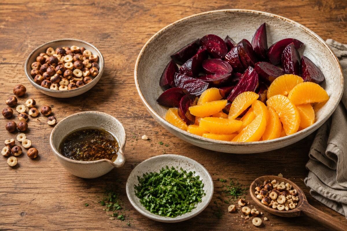 Zutaten-/Vorbereitungsansicht mit Roter Bete, Orangenfilets, gerösteten Haselnüssen, gehackter Petersilie und Dressing in derselben rustikalen Material- und Lichtwelt.
