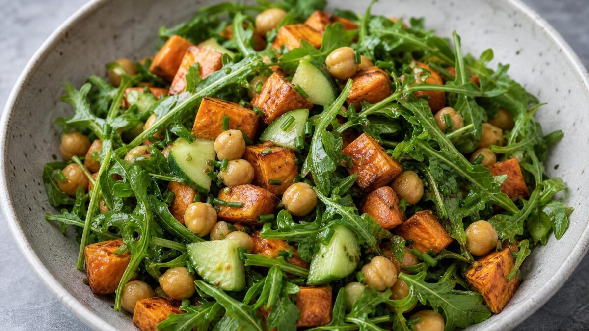 Hauptansicht des fertigen Gerichts. Rezept: Warmer Süßkartoffelsalat mit Kichererbsen
