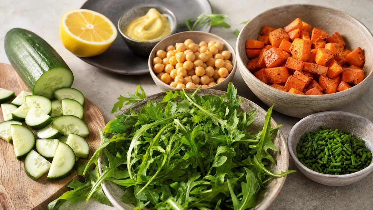 Zutaten- und Vorbereitungsansicht. Rezept: Warmer Süßkartoffelsalat mit Kichererbsen