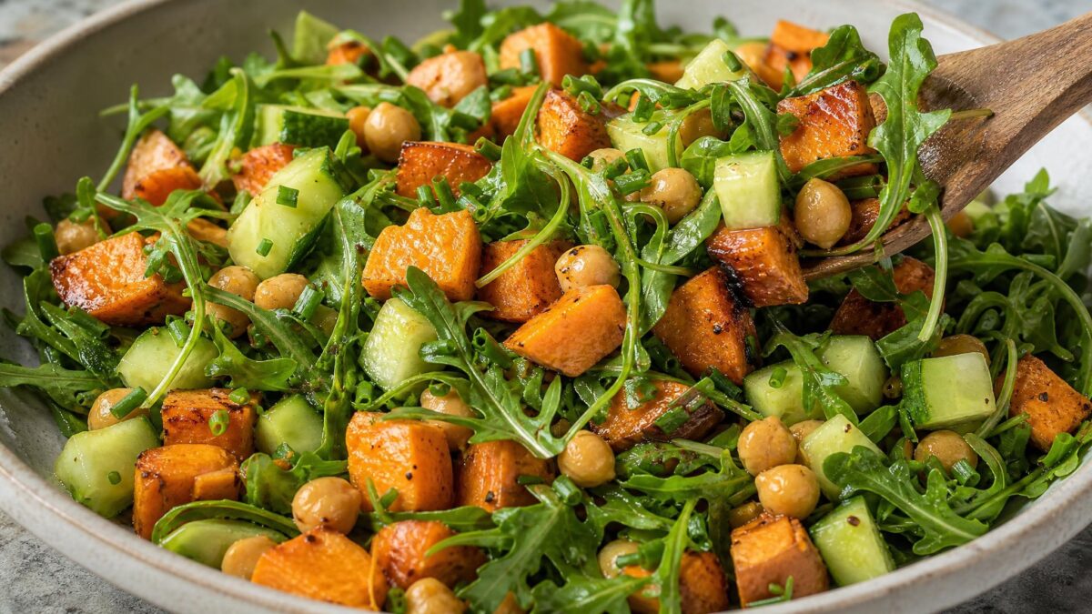 Servierszene mit dem fertigen Gericht. Rezept: Warmer Süßkartoffelsalat mit Kichererbsen