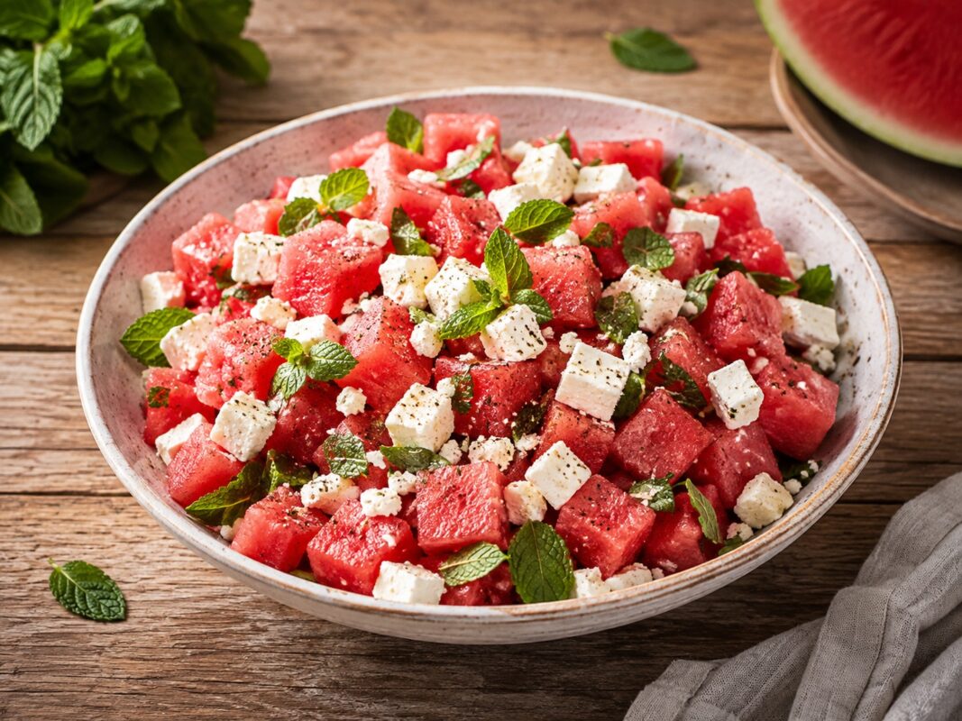 Große flache Schale mit Wassermelonenwürfeln, Feta und vielen frischen Minzblättern.