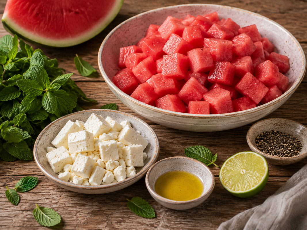 Zutaten- und Vorbereitungsansicht mit Wassermelonenwürfeln, Feta, frischer Minze, Olivenöl, Limette und Pfeffer.