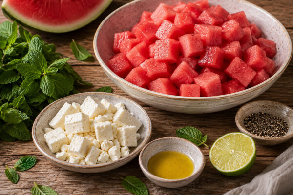 Zutaten- und Vorbereitungsansicht mit Wassermelonenwürfeln, Feta, frischer Minze, Olivenöl, Limette und Pfeffer.