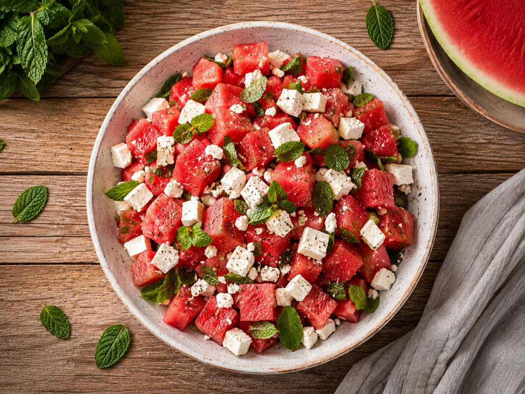 Draufsicht auf den fertigen Wassermelonen-Feta-Salat mit Minze in einer flachen hellen Schale.