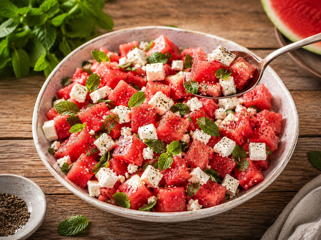 Servierszene des fertigen Wassermelonen-Feta-Salats mit Minze, mit einem Löffel entnommen.