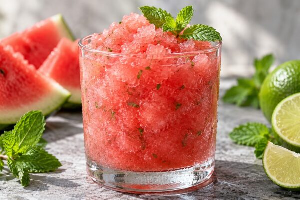 Wassermelonen-Minz-Slush: Fertiges Getränk als zentrales Hauptmotiv.