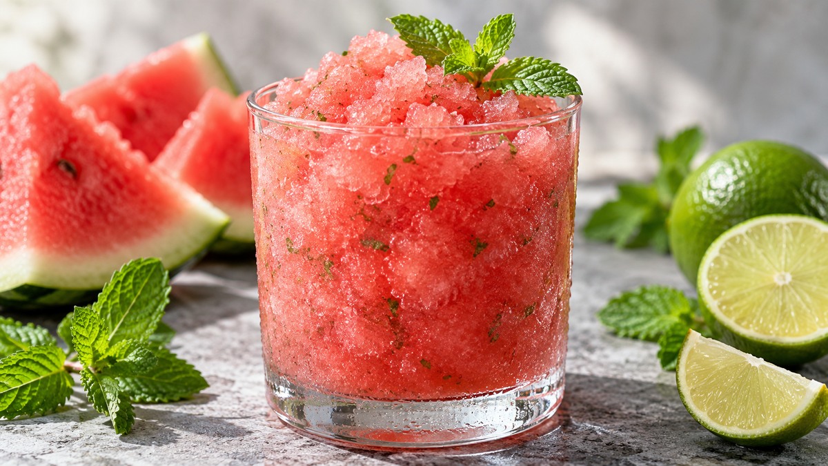 Wassermelonen-Minz-Slush: Fertiges Getränk als zentrales Hauptmotiv.