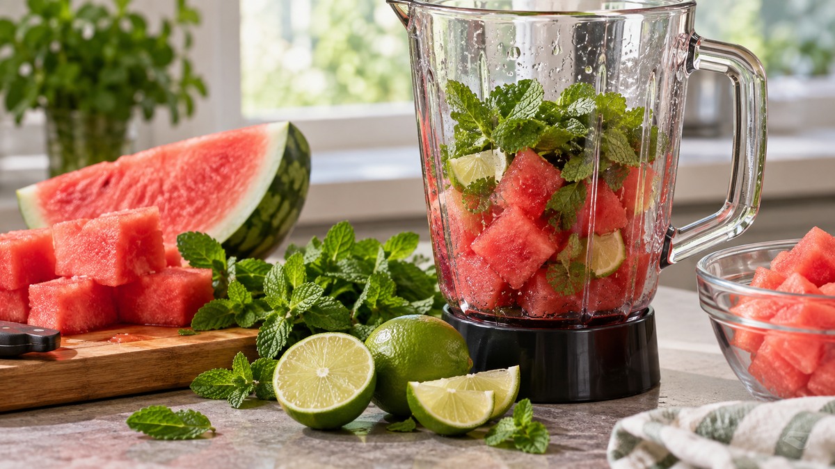 Wassermelonen-Minz-Slush: Verwendete Zutaten und nachvollziehbare Vorbereitung.