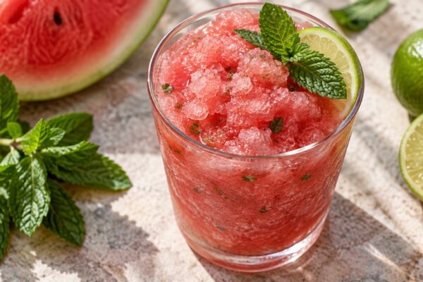 Wassermelonen-Minz-Slush: Fertiges Getränk aus einer alternativen Perspektive.