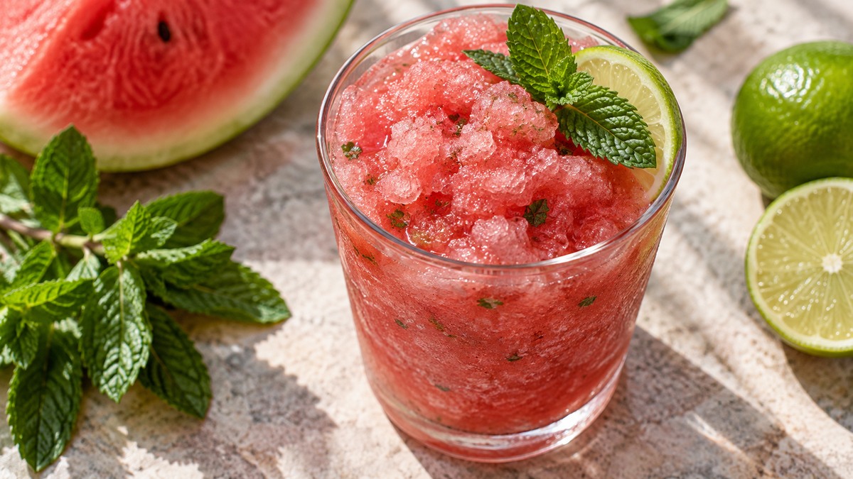 Wassermelonen-Minz-Slush: Fertiges Getränk aus einer alternativen Perspektive.