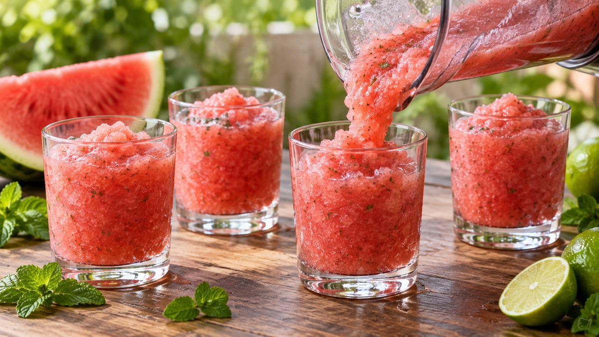 Wassermelonen-Minz-Slush: Alternative Anrichtung oder aktive Servierszene.