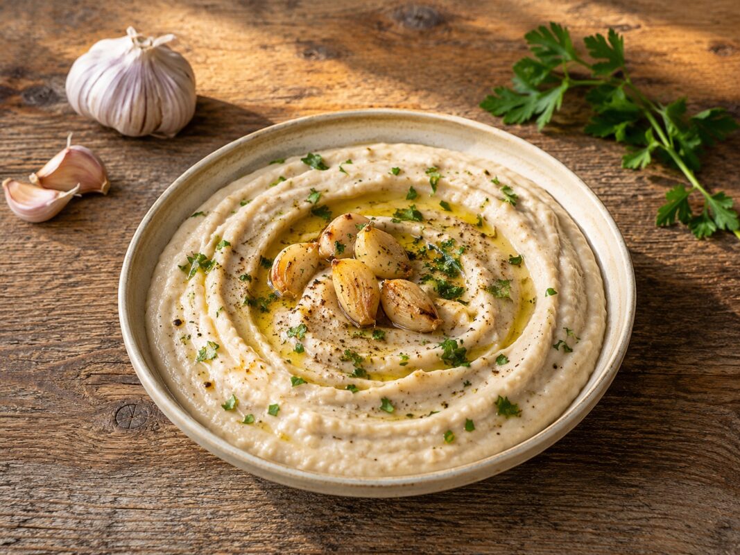 Flache Keramikschale mit cremigem weißen Bohnenaufstrich, gerösteten Knoblauchzehen, Olivenöl und Kräutern.