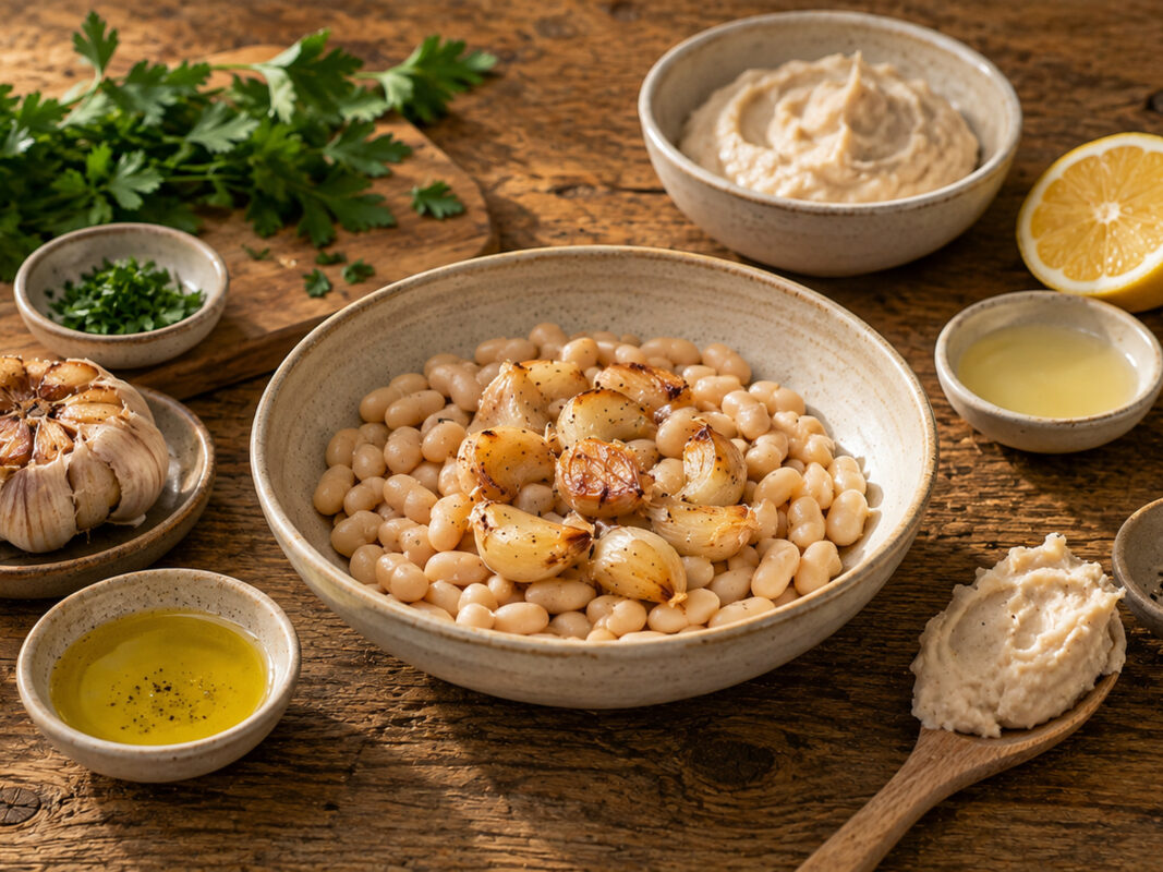 Zutaten- und Vorbereitungsansicht mit weißen Bohnen, geröstetem Knoblauch, Olivenöl, Zitronensaft, Petersilie, Salz und Pfeffer.