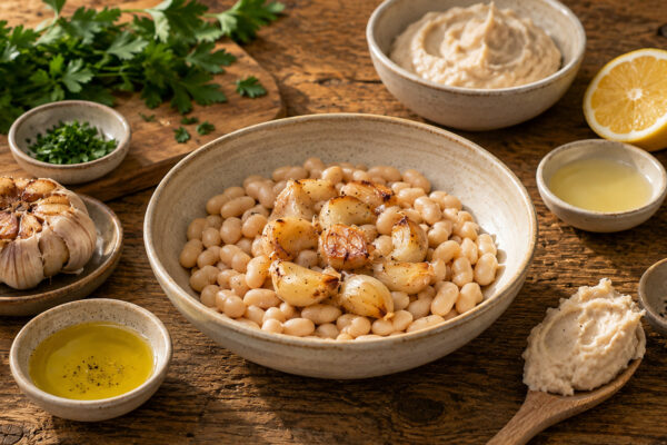 Zutaten- und Vorbereitungsansicht mit weißen Bohnen, geröstetem Knoblauch, Olivenöl, Zitronensaft, Petersilie, Salz und Pfeffer.