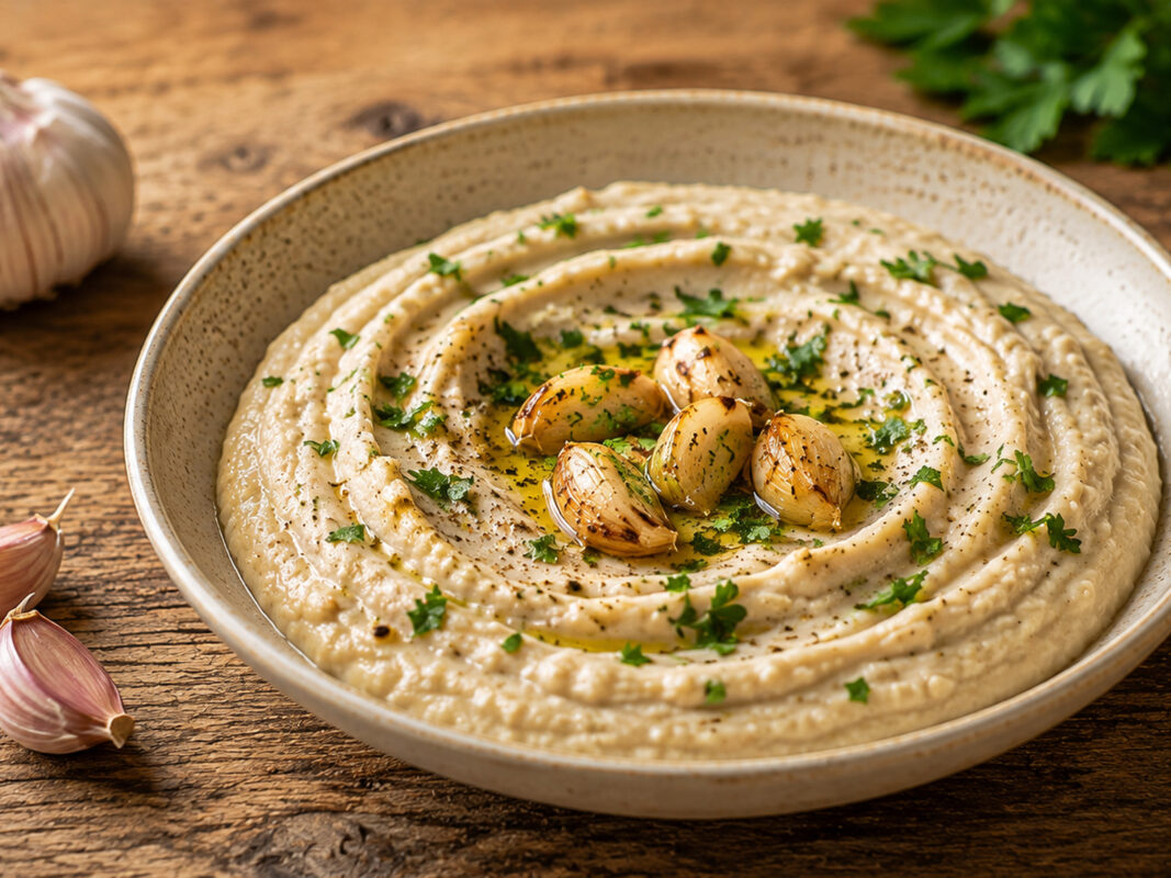 Fertiger cremiger Weiße-Bohnen-Aufstrich mit geröstetem Knoblauch, Olivenöl und Petersilie in flacher Keramikschale.