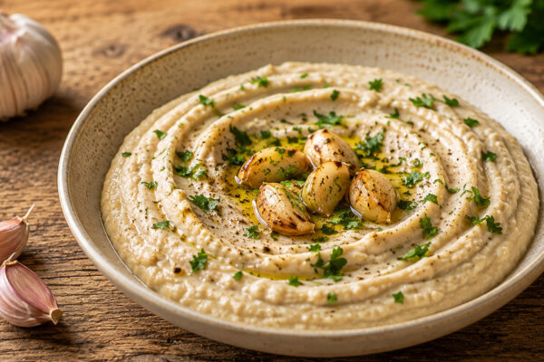Fertiger cremiger Weiße-Bohnen-Aufstrich mit geröstetem Knoblauch, Olivenöl und Petersilie in flacher Keramikschale.