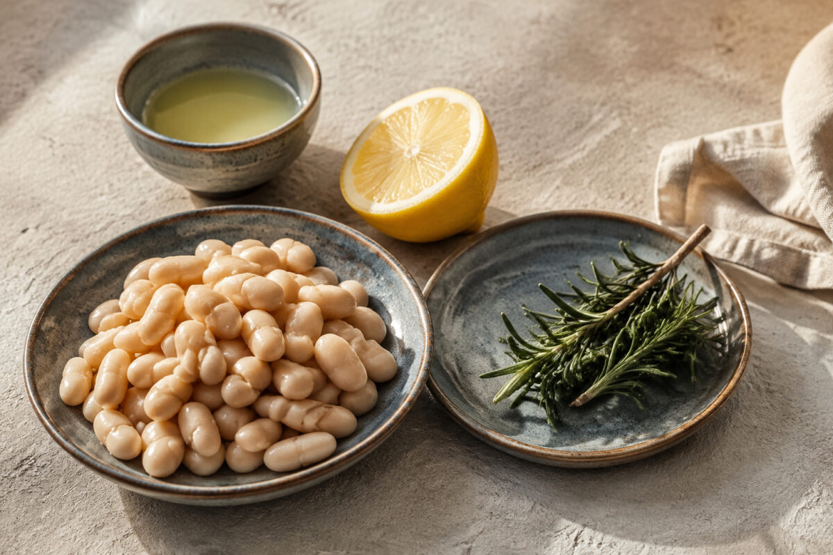 Zutaten- und Vorbereitungsansicht. Rezept: Weiße-Bohnen-Aufstrich mit Rosmarin