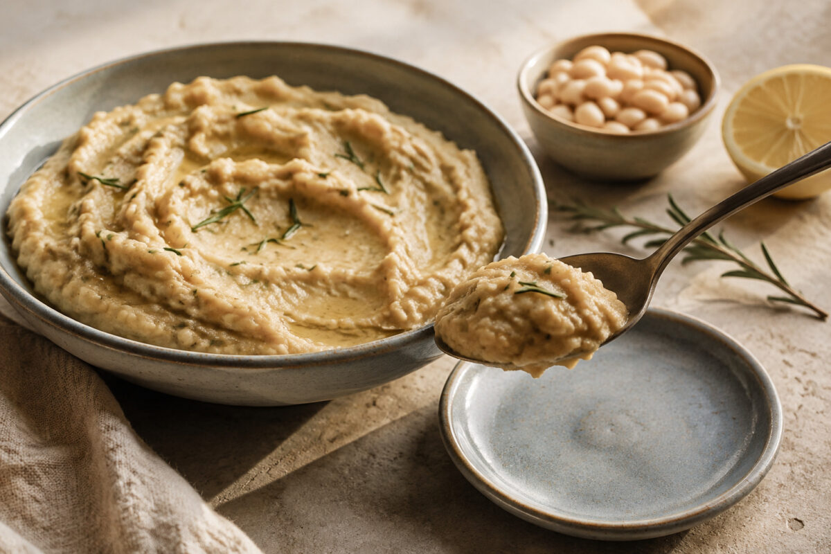 Servierszene mit dem fertigen Gericht. Rezept: Weiße-Bohnen-Aufstrich mit Rosmarin