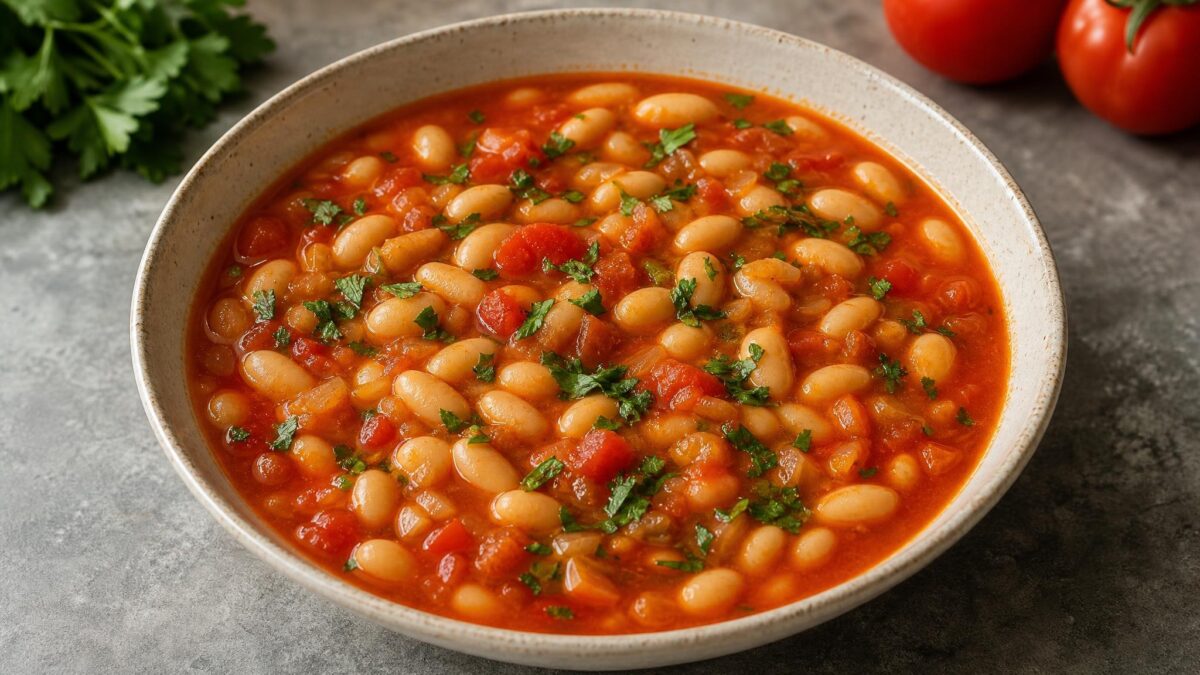 Hauptansicht des fertigen Gerichts. Rezept: Weiße-Bohnen-Eintopf mit Tomaten und Kräutern