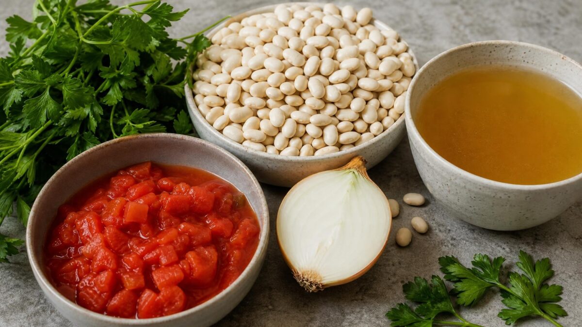 Zutaten- und Vorbereitungsansicht zum Rezept. Rezept: Weiße-Bohnen-Eintopf mit Tomaten und Kräutern