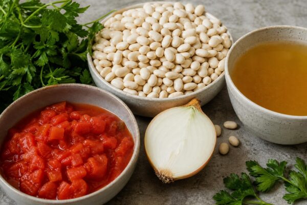 Zutaten- und Vorbereitungsansicht zum Rezept. Rezept: Weiße-Bohnen-Eintopf mit Tomaten und Kräutern