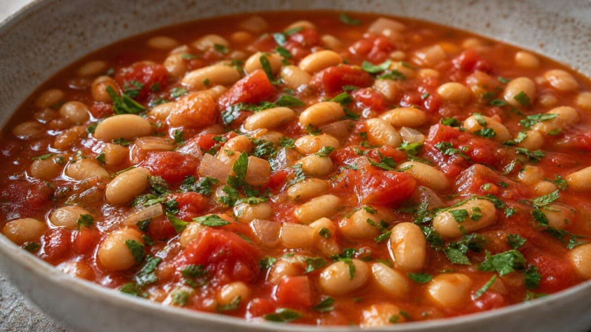 Fertiges Gericht aus einer alternativen Perspektive. Rezept: Weiße-Bohnen-Eintopf mit Tomaten und Kräutern