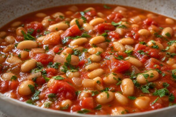Fertiges Gericht aus einer alternativen Perspektive. Rezept: Weiße-Bohnen-Eintopf mit Tomaten und Kräutern