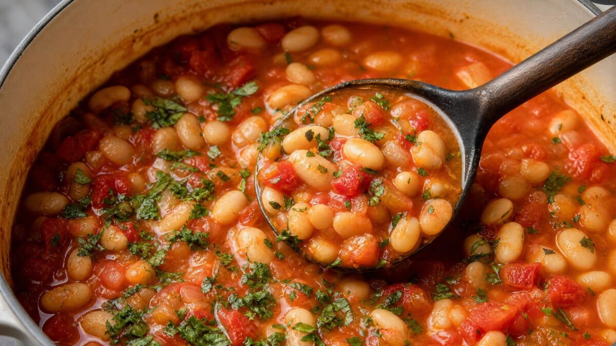 Servierszene mit dem fertigen Gericht. Rezept: Weiße-Bohnen-Eintopf mit Tomaten und Kräutern