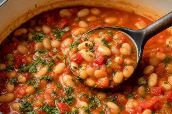 Servierszene mit dem fertigen Gericht. Rezept: Weiße-Bohnen-Eintopf mit Tomaten und Kräutern