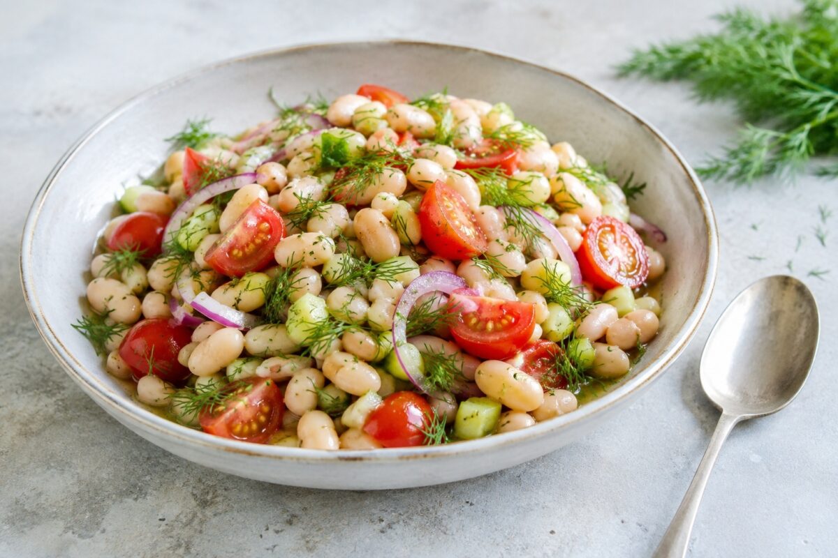 Frischer Bohnensalat mit weißen Bohnen, Tomaten, Dill, Gurke und roten Zwiebelringen in flacher Schale.