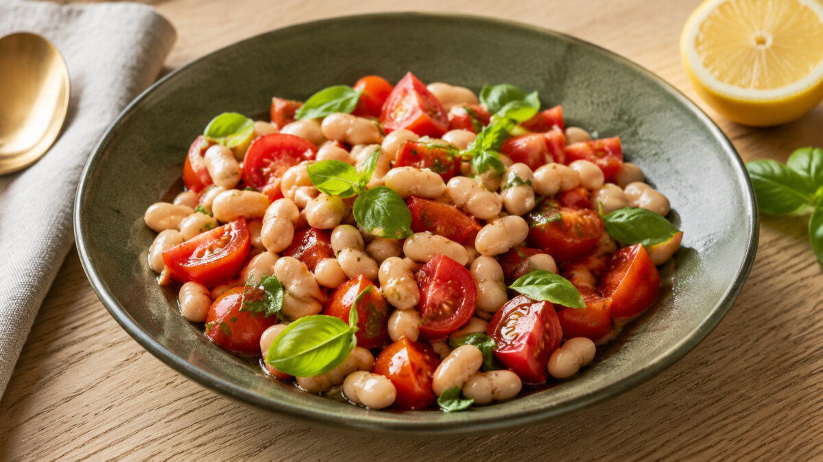 Hauptansicht des fertigen Gerichts. Rezept: Weiße-Bohnen-Tomaten-Salat mit Basilikum