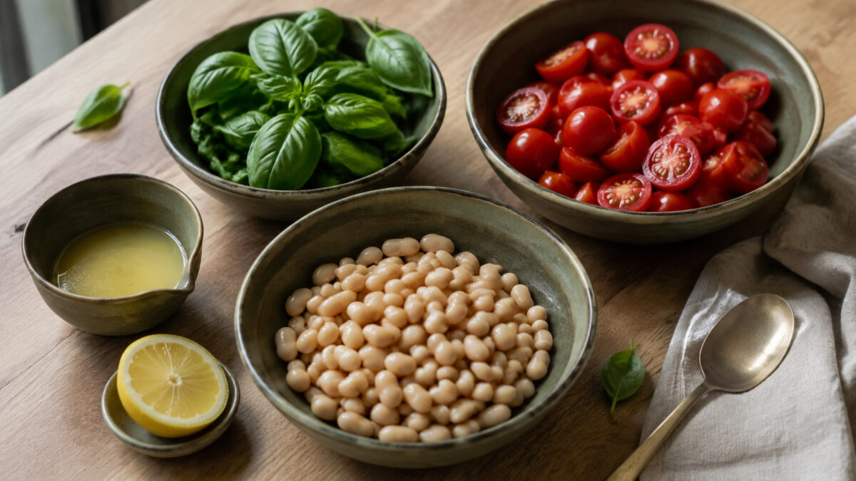 Zutaten- und Vorbereitungsansicht. Rezept: Weiße-Bohnen-Tomaten-Salat mit Basilikum
