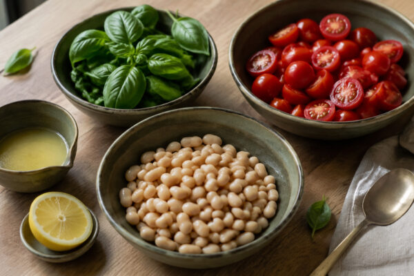 Zutaten- und Vorbereitungsansicht. Rezept: Weiße-Bohnen-Tomaten-Salat mit Basilikum